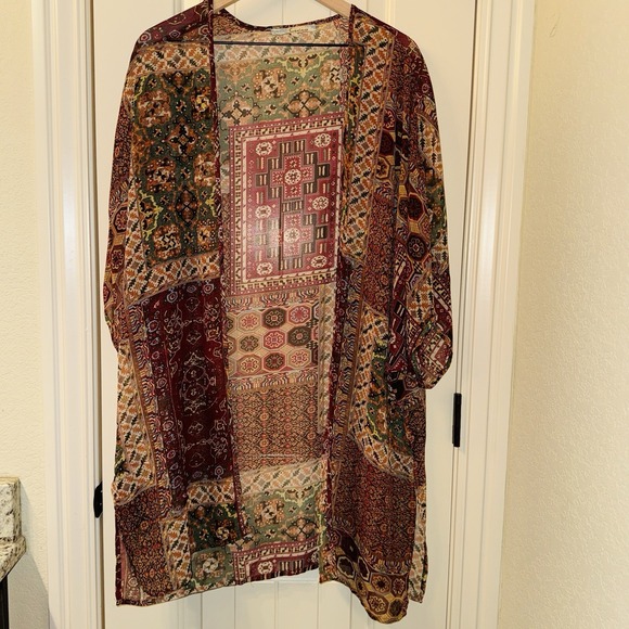 Cecico Sweaters - Cecico Boho Patchwork Sheer Kimono Cardigan Womens Large Medallion Cover Up